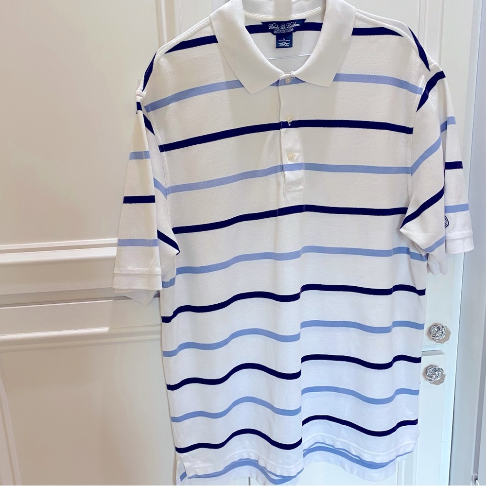 Brooks Brothers Mens Country Club Polo Shirt Large White Blue & Black Stripe